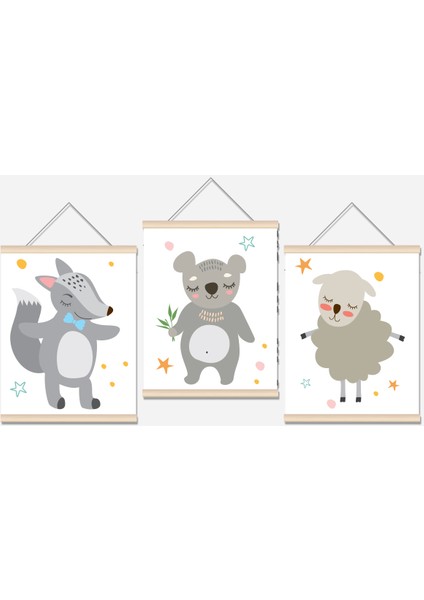 Sevimli Hayvanlar Ip Askılı Çocuk Odası Kanvas Poster Tablo Duvar Dekoru