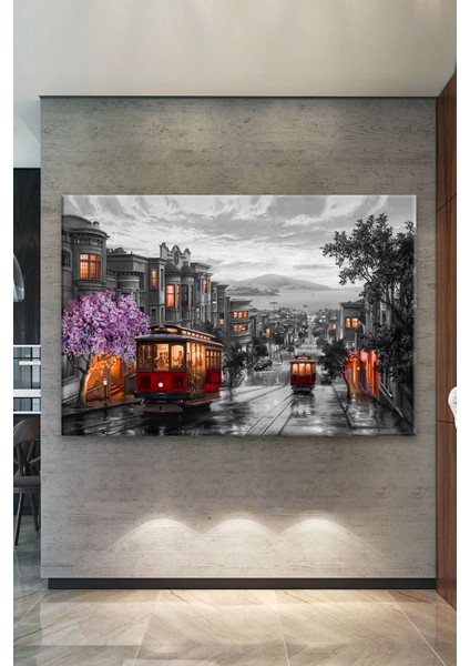 San Francisco Downtown Tramvay Şehir Yaşam Dekaratif Kanvas Tablo (7 Farklı Ölçü)