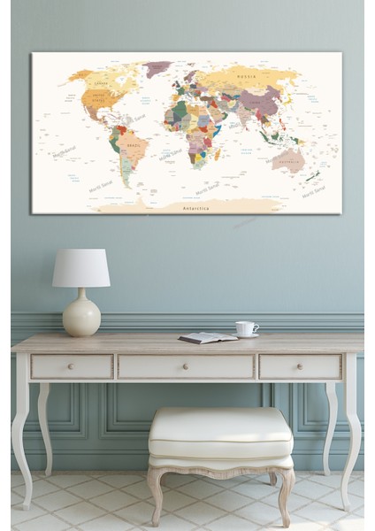 Dünya Haritası World Map Dekoratif Kanvas Tablo (7 Farklı Ölçü)