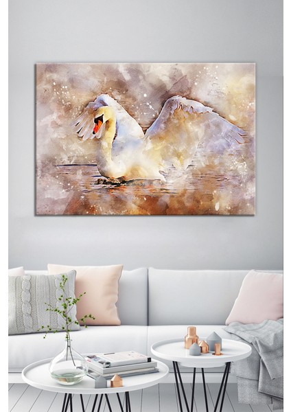 Kuğu Gölde Kuğu Suluboya Efektli Kanvas Tablo