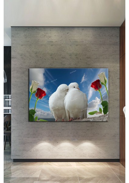 Çift Güvercin Kuşlar Ve Çiçekler Kanvas Tablo fiyatları