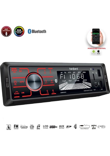 Oto Teyp 4X50W Bt/2xusb/sd/fm/aux Mobil Aplikasyon Harward HR-MX654