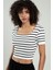 Kadın Beyaz Renkli Siyah Çizğili Kare Yaka Kısa Kollu Spor Triko Crop Top Badi SFYZ1005 3