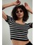 Siyah Renkli Kadın Çizğili Kare Yaka Kısa Kollu Spor Triko Crop Top Badi SFYZ1005 2