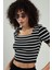 Siyah Renkli Kadın Çizğili Kare Yaka Kısa Kollu Spor Triko Crop Top Badi SFYZ1005 4