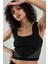 Siyah Renkli Kadın Kare Yaka Askılı Yanları Çizgili Spor Triko Crop Top Badi SFYZ1006 2