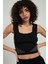 Siyah Renkli Kadın Kare Yaka Askılı Yanları Çizgili Spor Triko Crop Top Badi SFYZ1006 3