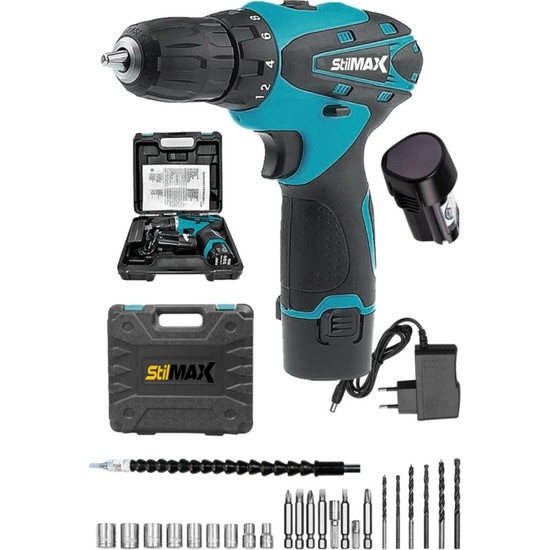 Stilmax 24V 4AH Metal Dişli Şanzıman Çift Akülü Şarjlı Vidalama Matkap + 24 Parça Usta Seti