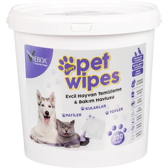 Vebox Easy Pet Wipes 300 Adet Koku İçermeyen Evcil Hayvan Temizleme Mendili Hassas Kullanım için