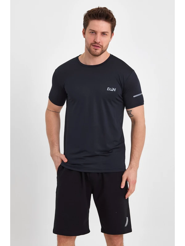 Run Nefes Alan Spor Kısa Kollu Reflektör Baskılı T-Shirt Lacivert Erkek