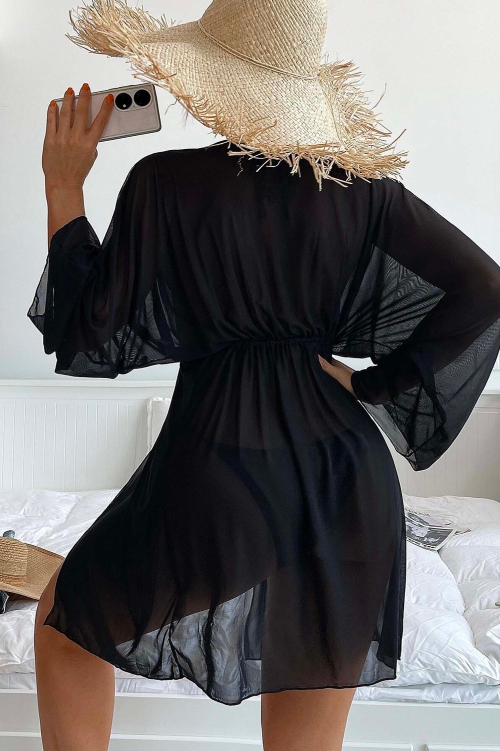 Angelsin Uzun Siyah Önden Bağlamalı Plaj Elbisesi Pareo Kimono Kadınlar İçin Şık Tasarım görsel 2