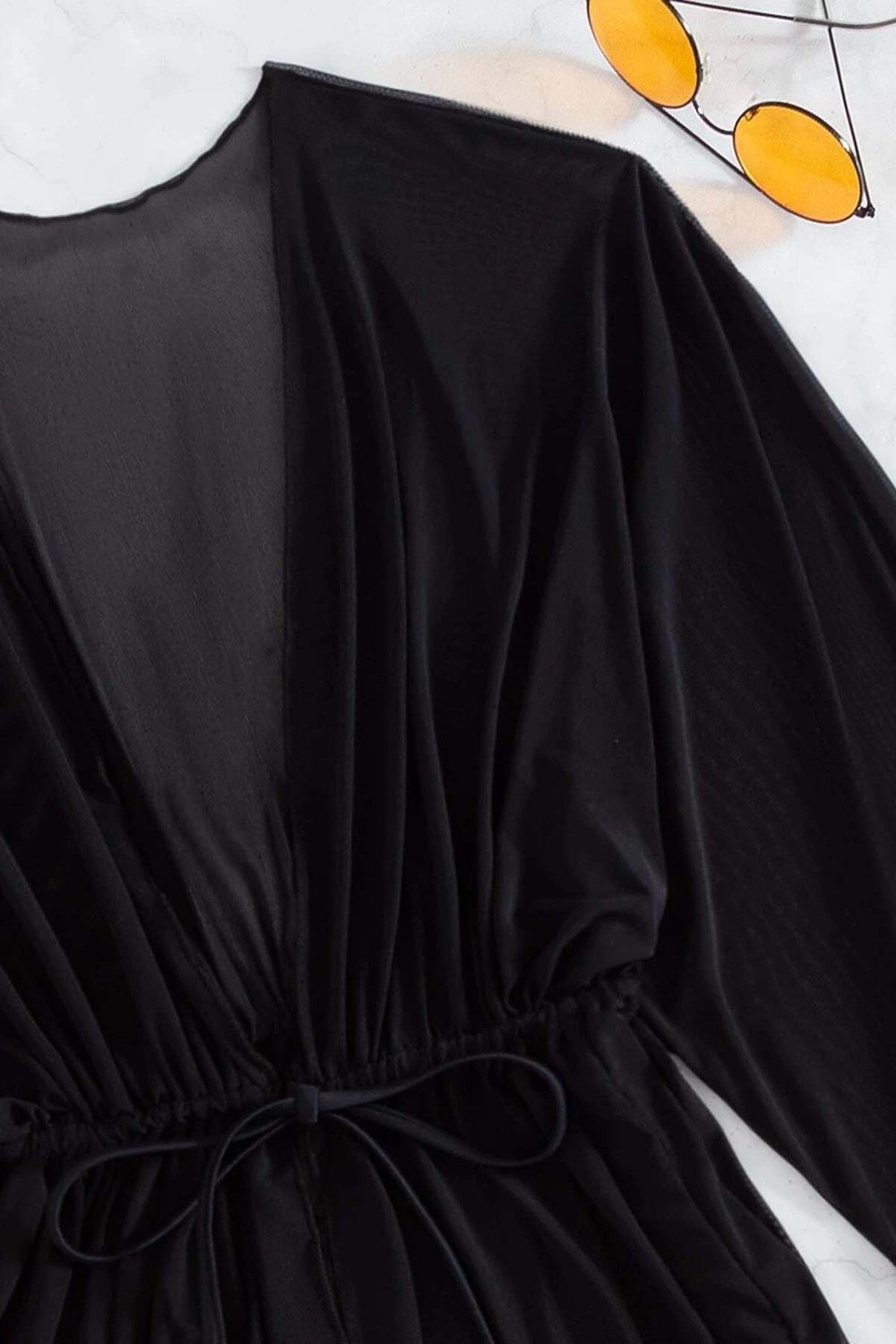 Angelsin Uzun Siyah Önden Bağlamalı Plaj Elbisesi Pareo Kimono Kadınlar İçin Şık Tasarım görsel 4