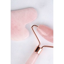 Pembe Kuvars Doğal Taş Face Roller & Kalp Gua Sha İkili Yüz Masaj Seti