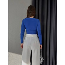 Pubblica Kadın Mavi Degaje Yaka Uzun Kollu Altı Çıtçıtlı Boydsuit/bluz