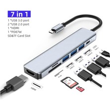 Wozlo USB Type-C To 4K@30Hz HDMI Kablosu + Sd/ Tf Kart Okuyucu + Usb3.0 + 2xusb2.0 + Pd 87W Çevirici Kablo