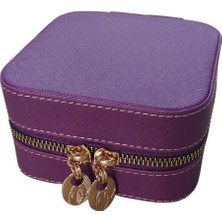 Özer Kutu Fermuarlı Deri (Ahşap Kasalı ) Takı, Seyahat ve Mücevher Çantası,kutusu Mor (11X11 cm )