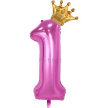 Parti Station Pembe Taçlı Rakam Balon Seti Pembe 1 Yaş Balon Set Doğum Günü Balon Seti