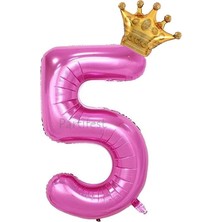 Parti Station Pembe Taçlı Rakam Balon Seti Pembe 5 Yaş Balon Set Doğum Günü Balon Seti