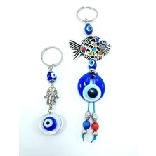 Helis Nazar Boncuğu Sade+ Balıklı Anahtarlık Cam El Yapımı Set