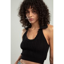 sifu tekstil Polo Yaka Siyah Renkli Kadın Saç Örgülü Yuvarlak Açmalı Spor Triko Bluz Atlet Crop Top SFYZ1010