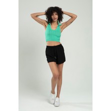 sifu tekstil Polo Yaka Fıstık Yeşil Renkli Kadın Saç Örgülü Yuvarlak Açmalı Spor Triko Bluz Atlet Crop Top SFYZ1010