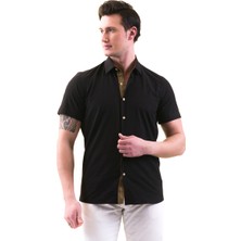 Exve Exclusive Siyah Yaka Içi ve Göğüs Pat Bal Peteği Detaylı Slim Fit Kısa Kollu Pamuk Gömlek