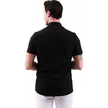 Exve Exclusive Siyah Yaka Içi ve Göğüs Pat Bal Peteği Detaylı Slim Fit Kısa Kollu Pamuk Gömlek