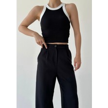 Begs Collection Siyah Yakası Ekru Şeritli Atlet