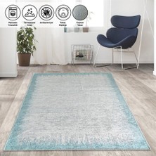 Carpettex Modern Abstrak Yağmur Bordür Desenli Turkuaz Beyaz Halı Kaymaz Taban Makinada Yıkanabilir