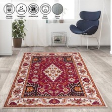 Carpettex Klasik Iran Tarzı Barok Desenli Kırmızı Krem Halı Kaymaz Taban Makinada Yıkanabilir