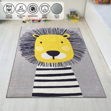 Carpettex Çocuk Bebek Halısı Sevimli Aslan Desenli Gri Halı Yıkanabilir Kaymaz Taban