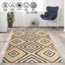 Carpettex Iskandinav Tarzı Geometrik Karo Desenli Bej Mavi Krem Halı Kaymaz Taban Makinada Yıkanabilir