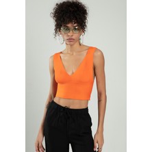 sifu tekstil Turuncu Renkli Kadın Spor Atlet Fitilli Triko Büstiyer Crop Top Bluz SFYZ1012
