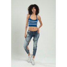sifu tekstil Indigo-beyaz Renkli Kadın Spor Kendinden Askılı Çizğili Fitil Örgülü Triko Badi Büstiyer Crop Top SFYZ1015