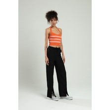 sifu tekstil Turuncu-beyaz Renkli Kadın Spor Kendinden Askılı Çizgili Fitil Örgülü Triko Badi Büstiyer Crop Top SFYZ1015