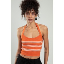 sifu tekstil Turuncu-beyaz Renkli Kadın Spor Kendinden Askılı Çizgili Fitil Örgülü Triko Badi Büstiyer Crop Top SFYZ1015