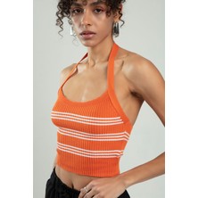 sifu tekstil Turuncu-beyaz Renkli Kadın Spor Kendinden Askılı Çizgili Fitil Örgülü Triko Badi Büstiyer Crop Top SFYZ1015