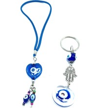 Helis Nazar Boncuğu Sade Anahtarlık +Kalp Araba Dikiz Ayna Süsü Cam El Yapımı Set