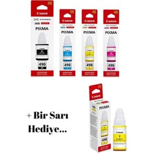 Canon GI-490 Pixma G2410 4 Renk Orjinal Mürekkep Seti + 1 Sarı Hediye GI-490 066 1- A1 673 112 101 103 664