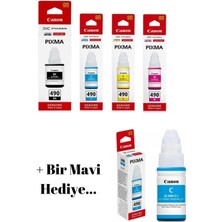 Canon GI-490 Pixma G3400 4 Renk Orjinal Mürekkep Seti + 1 Mavi Hediye GI-490 219 1- A1 673 112 101 103 664