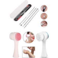 Vi Caro 4 Parça Kutulu Paslanmaz Çelik Komedon Aleti ve Çift Taraflı Silikon Yüz Temizleme Fırçası