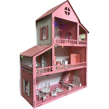 Belinay Çocuk Dünyası Işıklı Ahşap Barbie Bebek Oyun Evi Eşyalar Dahil Isim Yazılır Belinay 80CM 21 Eşya LED