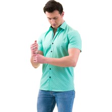 Exve Exclusive Turkuaz Üzeri Lacivert Desen Baskılı Slim Fit Kısa Kollu Pamuk Gömlek