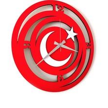 C-Tasarım Dekoratif Kırmızı - Beyaz Ahşap Duvar Saati Ay Yıldız Bayrak