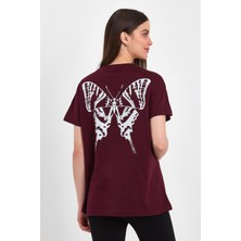 MRS Clothing Butterfly Mürdüm Kadın Oversize Geniş Kalıp Bisiklet Yaka Baskılı Kısa Kollu T-Shirt