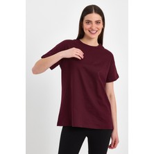 MRS Clothing Butterfly Mürdüm Kadın Oversize Geniş Kalıp Bisiklet Yaka Baskılı Kısa Kollu T-Shirt