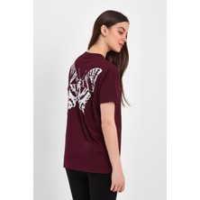 MRS Clothing Butterfly Mürdüm Kadın Oversize Geniş Kalıp Bisiklet Yaka Baskılı Kısa Kollu T-Shirt