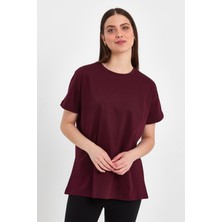 MRS Clothing Butterfly Mürdüm Kadın Oversize Geniş Kalıp Bisiklet Yaka Baskılı Kısa Kollu T-Shirt