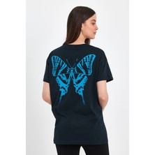 MRS Clothing Butterfly Lacivert Kadın Oversize Geniş Kalıp Bisiklet Yaka Baskılı Kısa Kollu T-Shirt