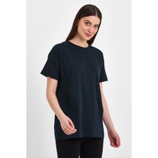 MRS Clothing Butterfly Lacivert Kadın Oversize Geniş Kalıp Bisiklet Yaka Baskılı Kısa Kollu T-Shirt